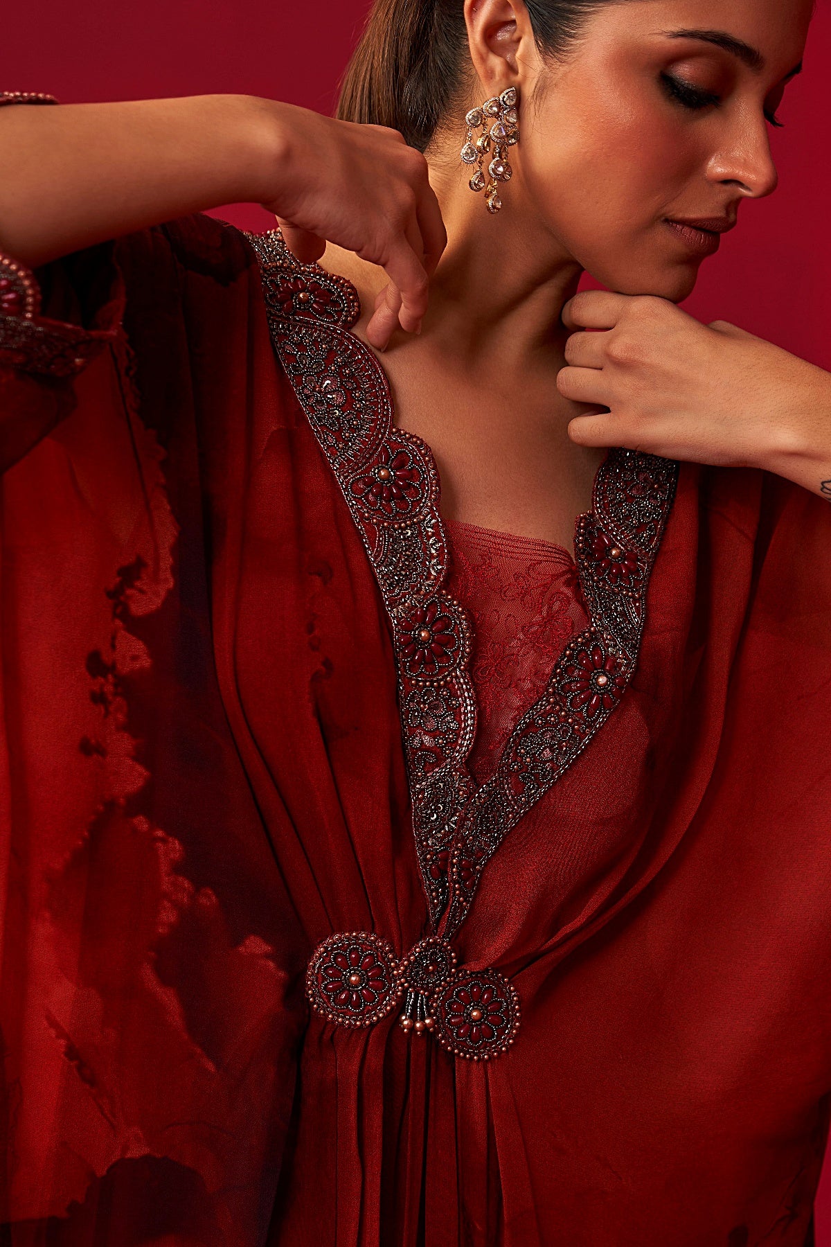 Red Marble Print Draped Kaftan
