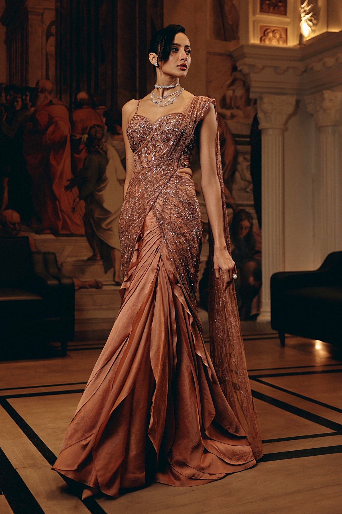 ROSE GOLD DRAPED RUFFLE SAREE