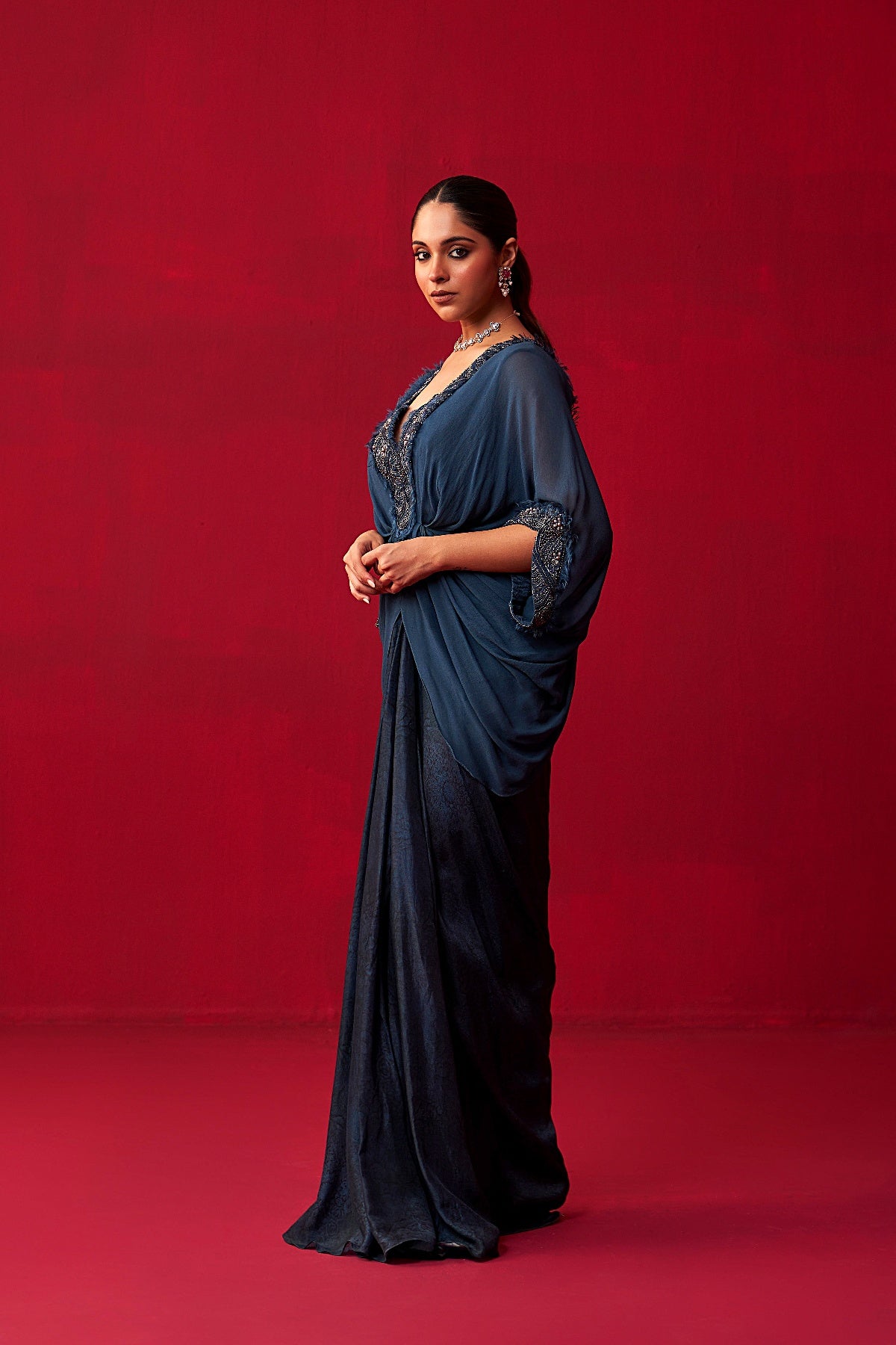 Blue Georgette Draped Top and Skirt Set