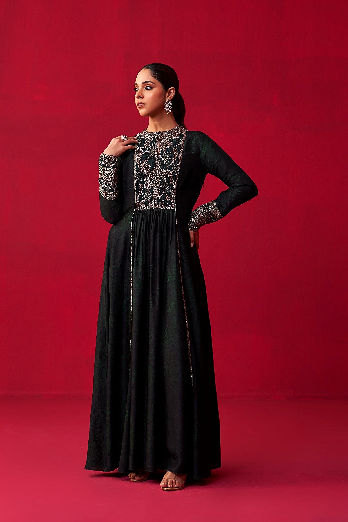 Green Glitch Gold Yoke Kurta and Pant Set