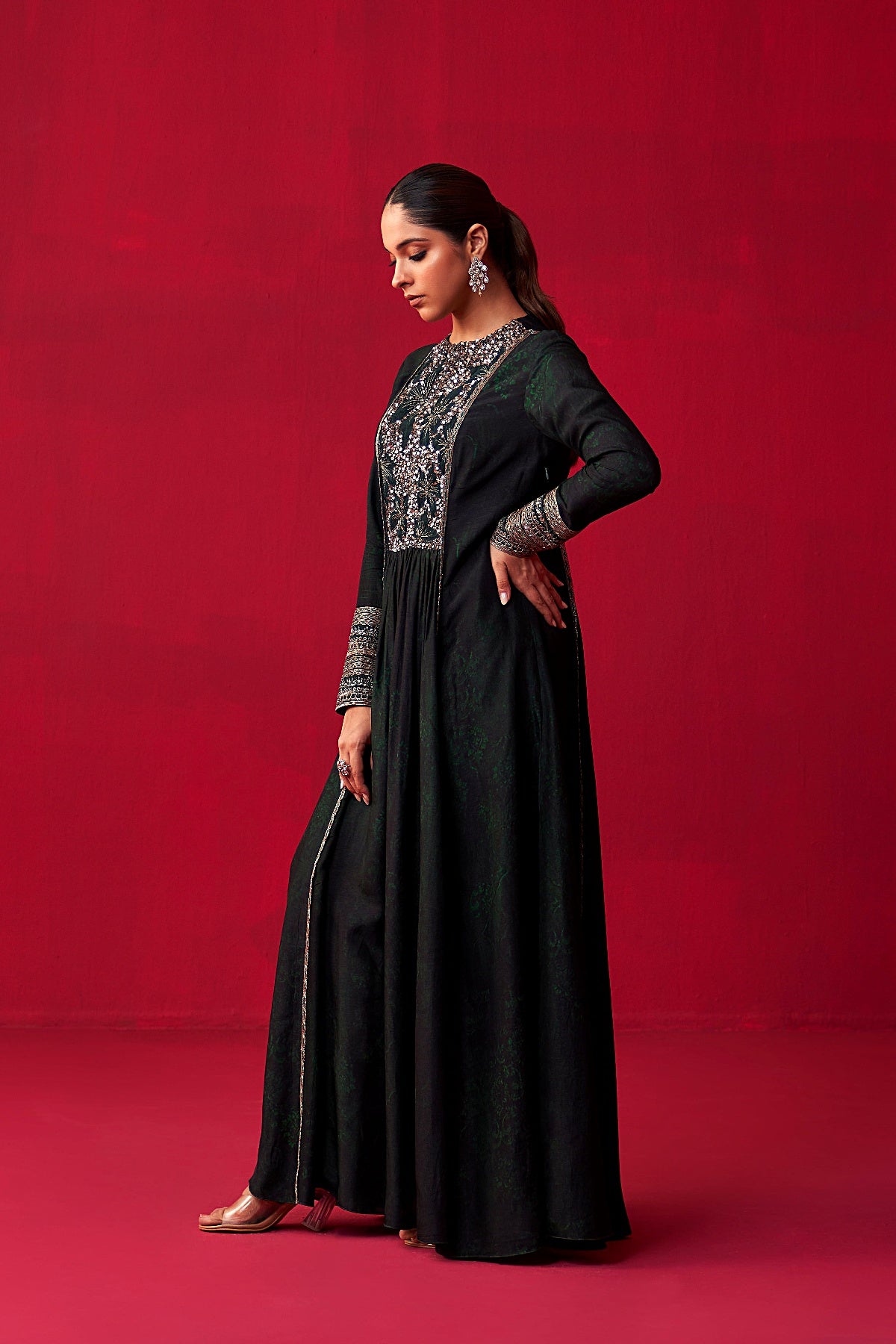 Green Glitch Gold Yoke Kurta and Pant Set
