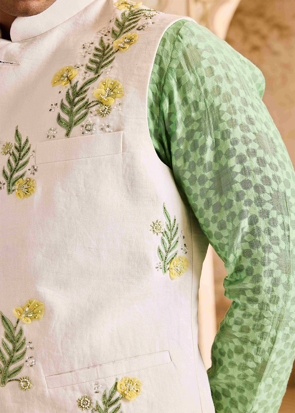 Ivory Bundi Jacket with Jade Kurta Churidar