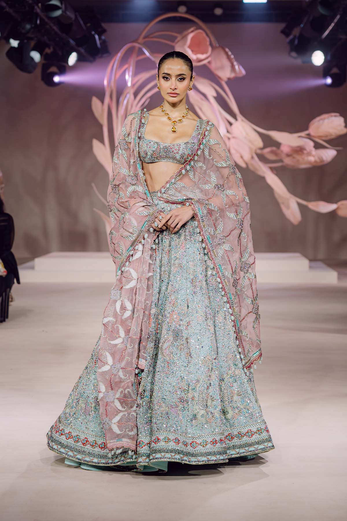 Parizaad - blue - pink tulle lehenga