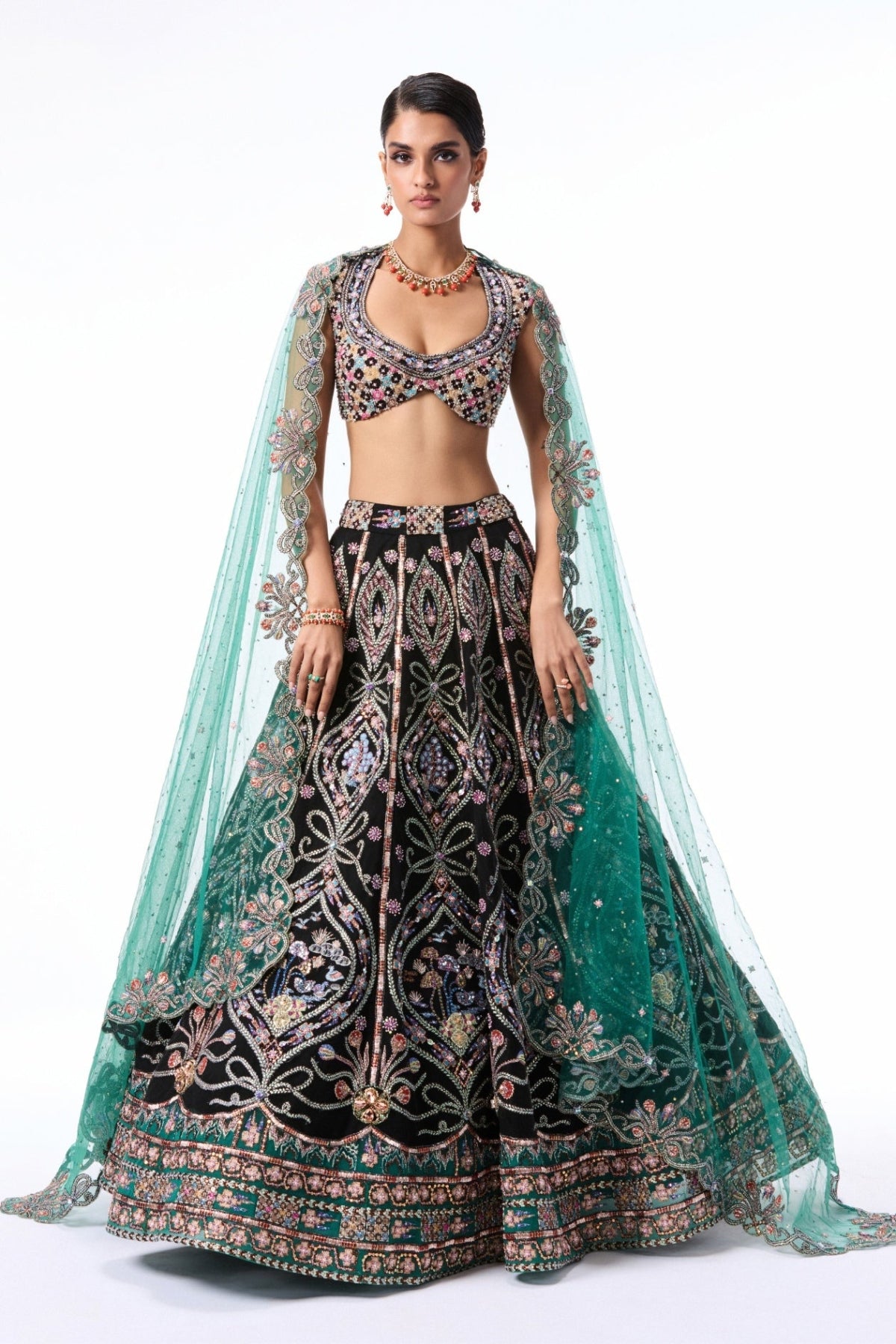 Bloomrush - Black Teal tulle lehenga