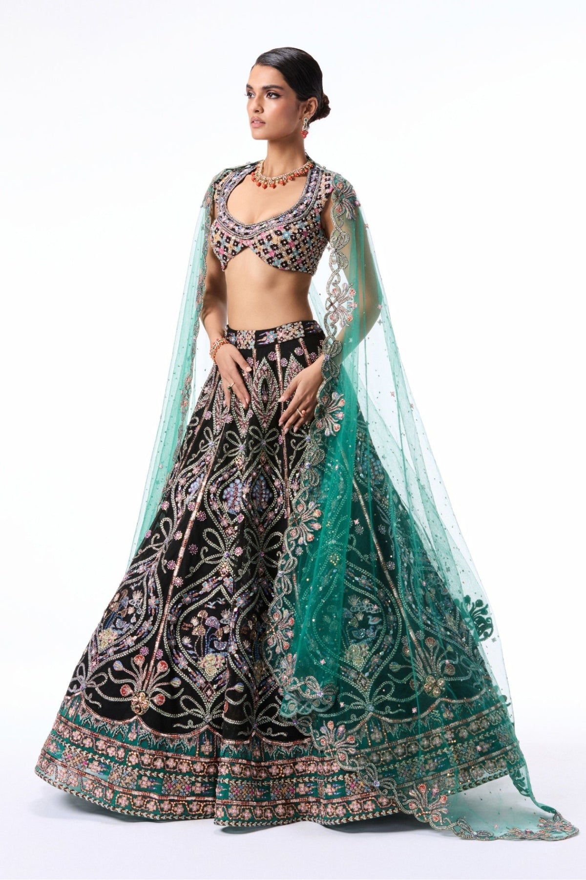 Bloomrush - Black Teal tulle lehenga