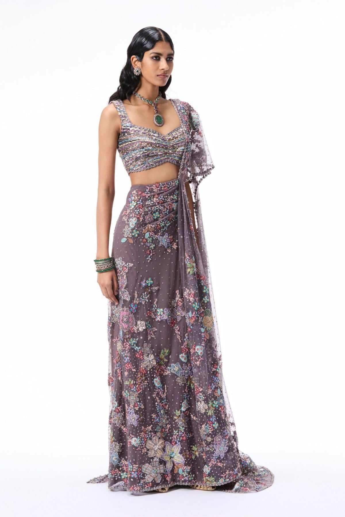 Rosemist - gunmetal tulle drape saree