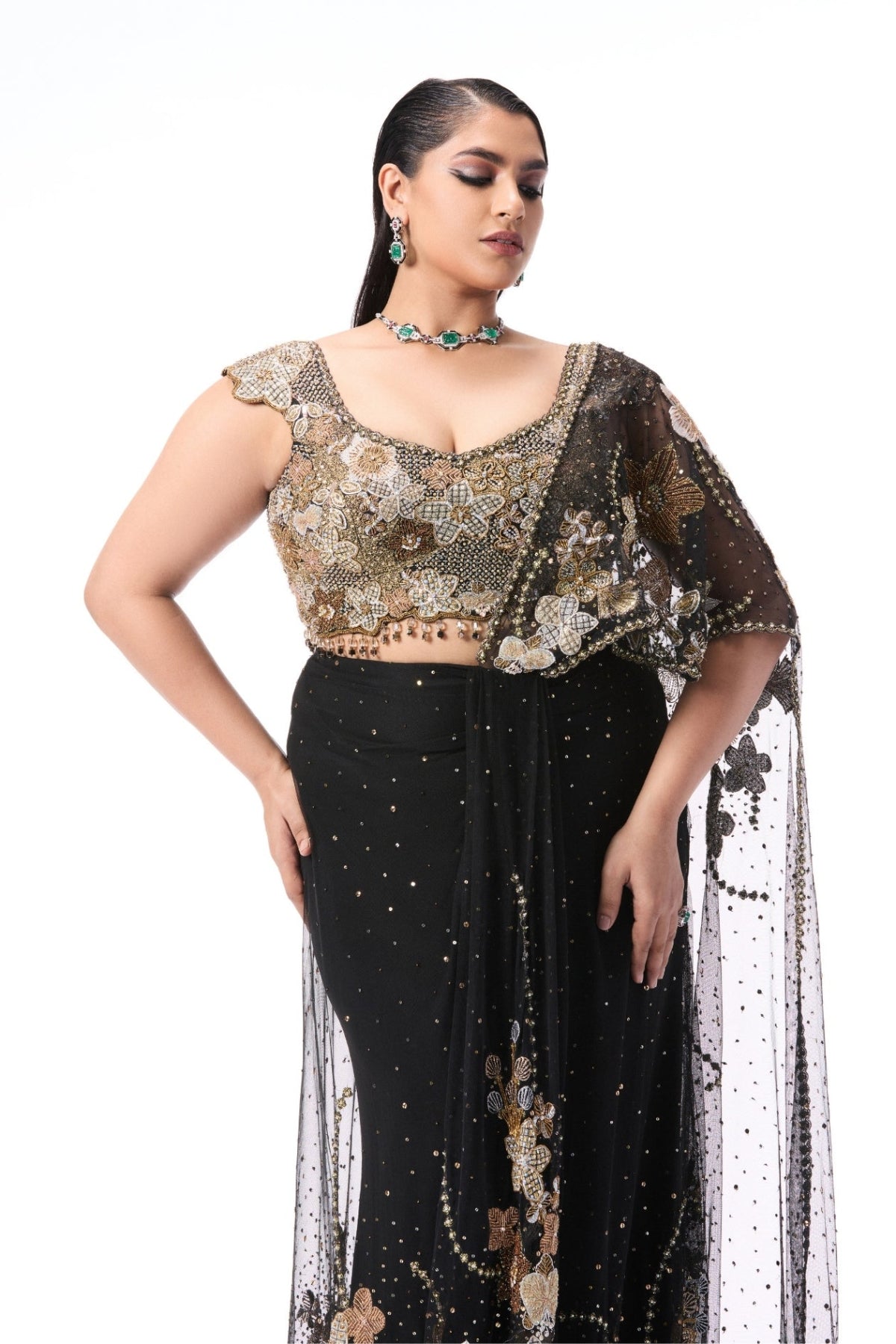 Elrosa - black tulle draped saree