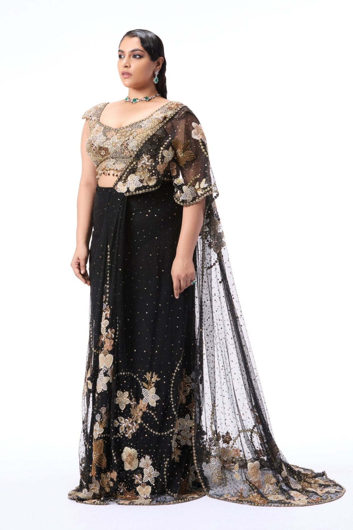 Elrosa - black tulle draped saree