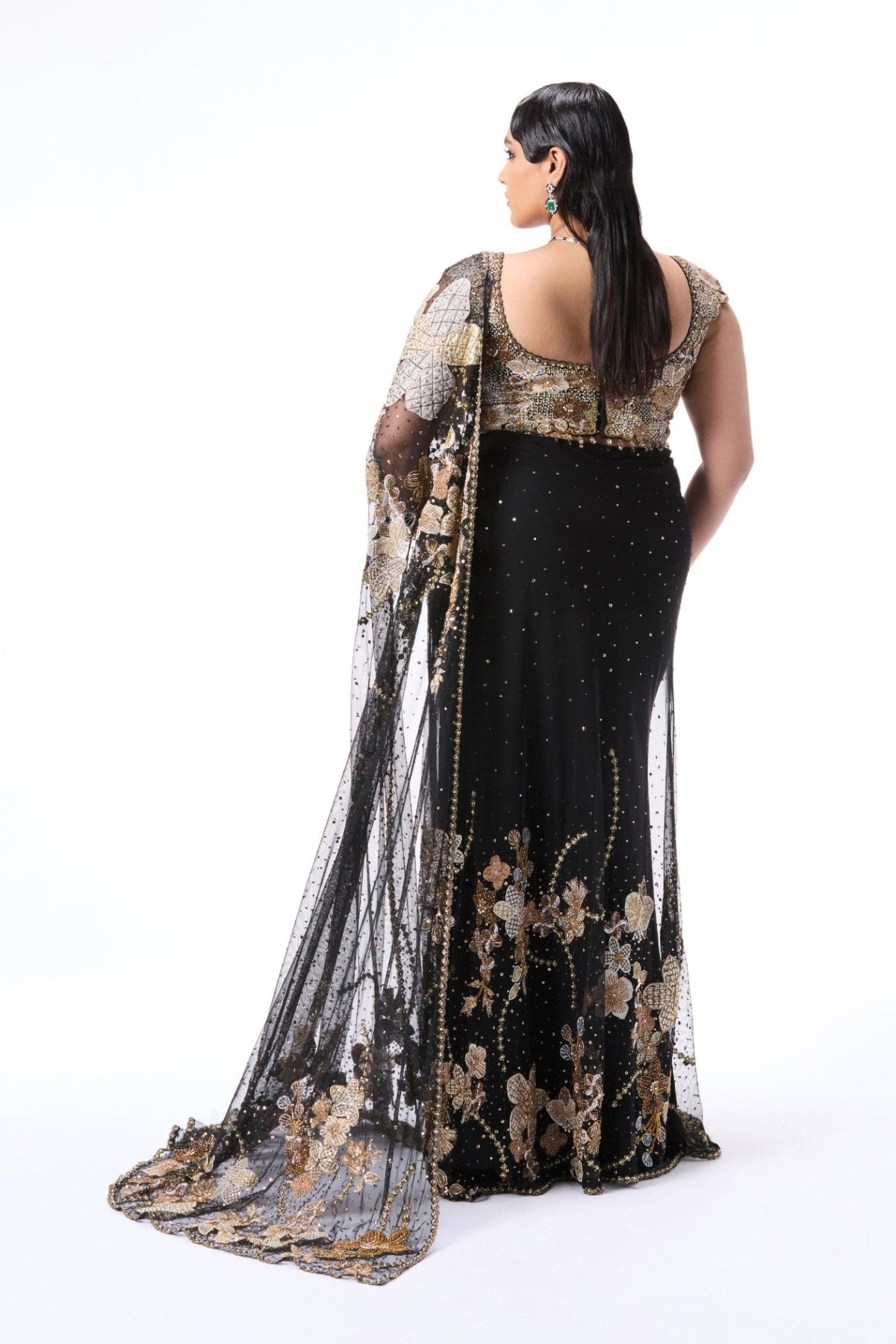 Elrosa - black tulle draped saree