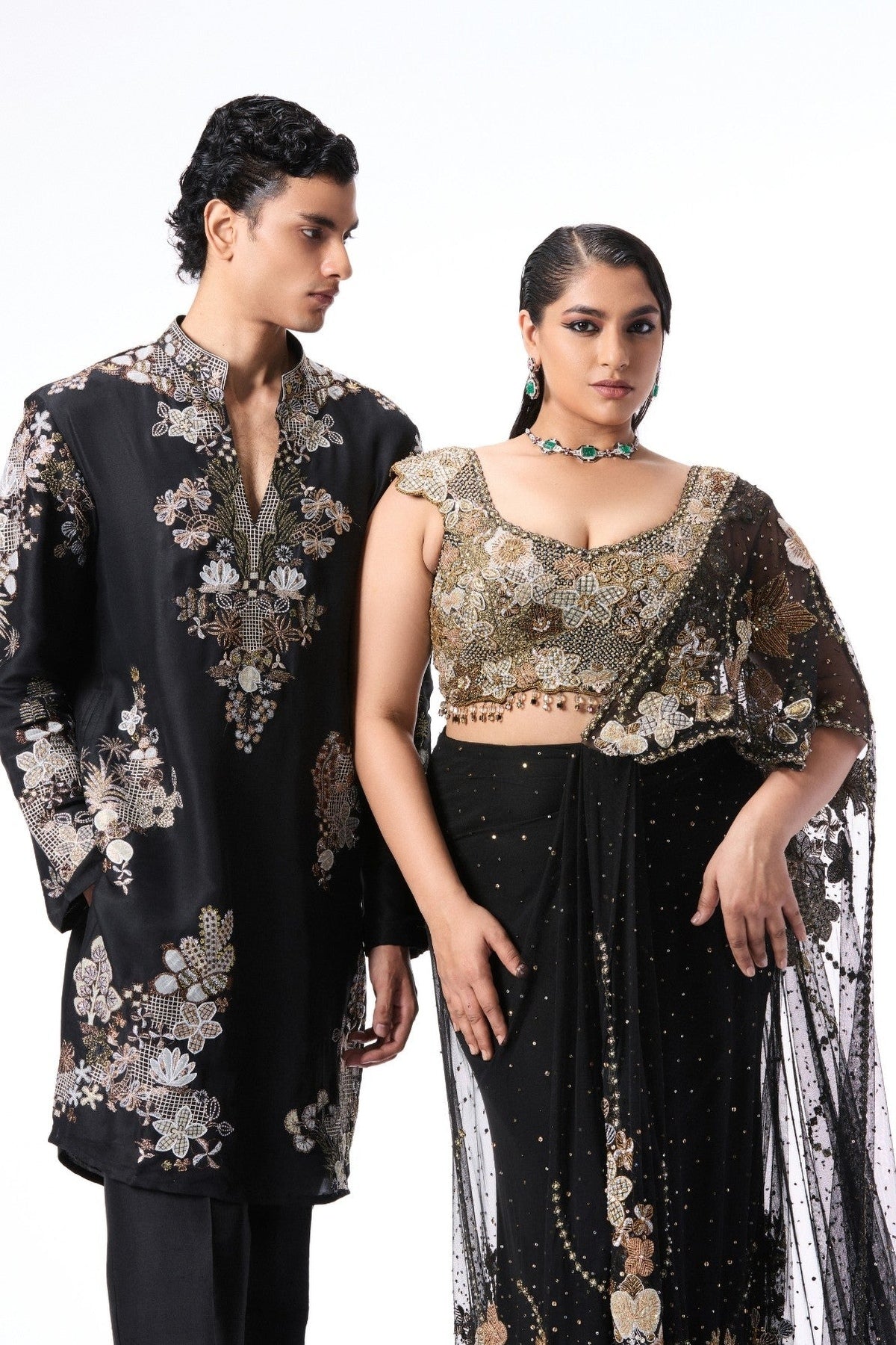Elrosa - black tulle draped saree