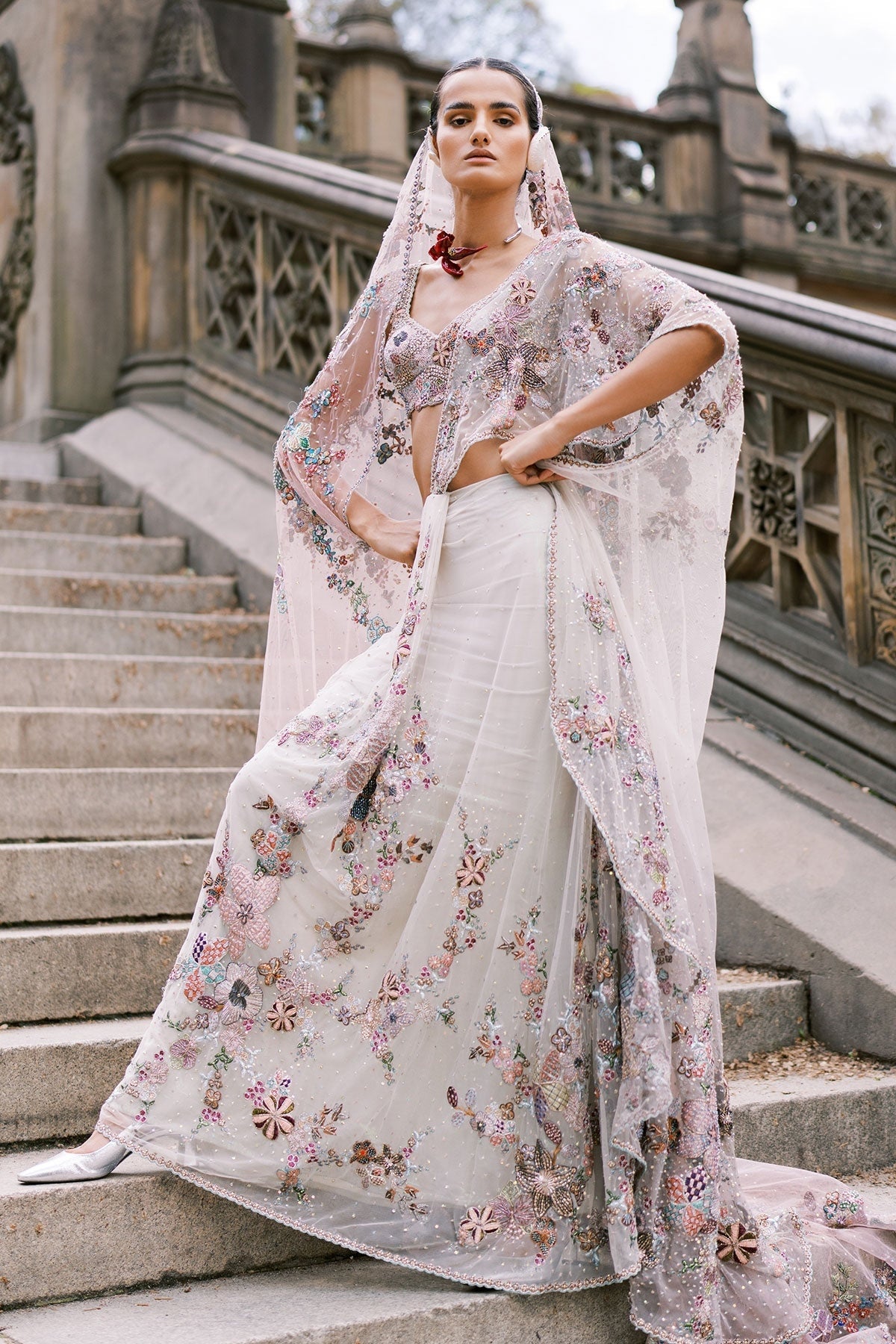 Solette Ivory - Mountbatten pink Tulle drapded Saree
