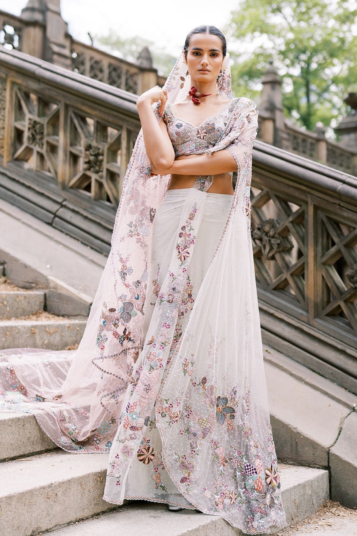Solette Ivory - Mountbatten pink Tulle drapded Saree