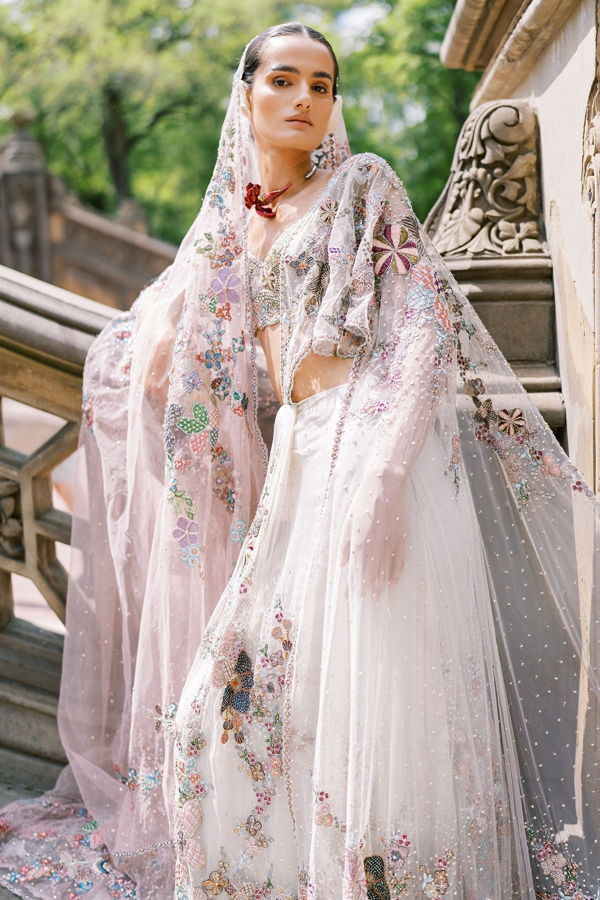 Solette Ivory - Mountbatten pink Tulle drapded Saree