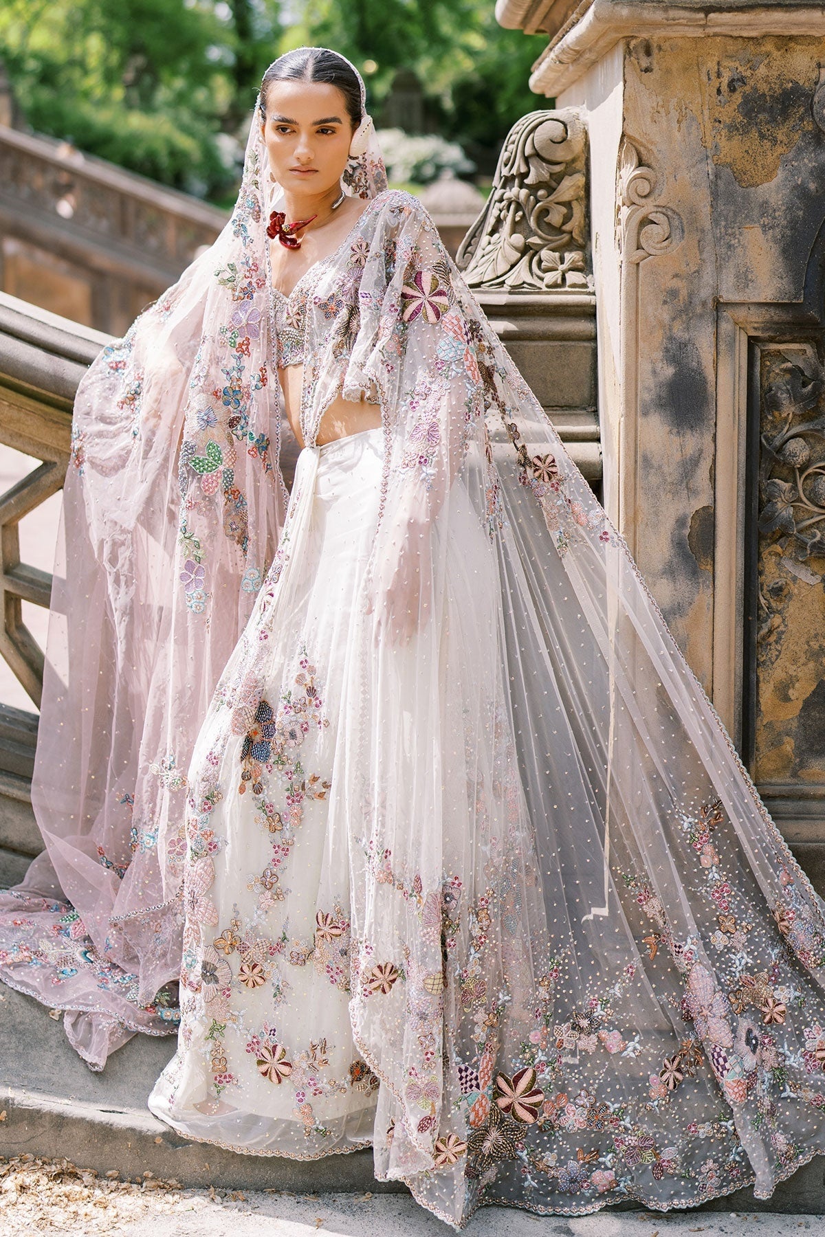Solette Ivory - Mountbatten pink Tulle drapded Saree