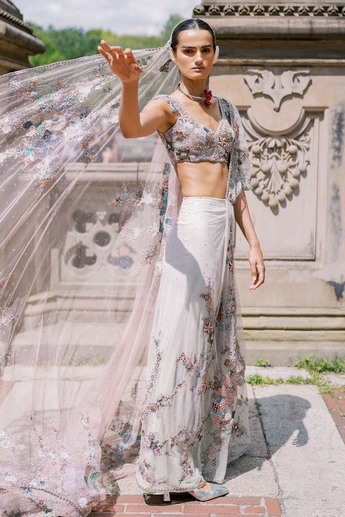Solette Ivory - Mountbatten pink Tulle drapded Saree