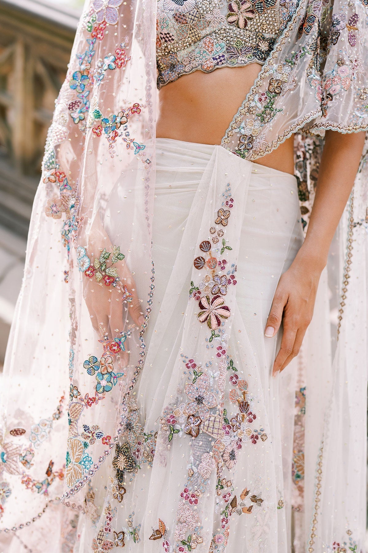 Solette Ivory - Mountbatten pink Tulle drapded Saree