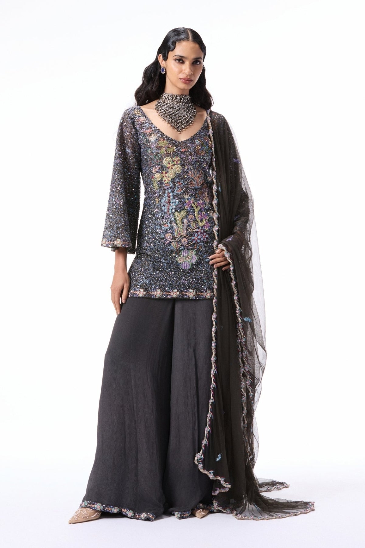 Bloomlush - gunmetal tulle & chiffon sharara