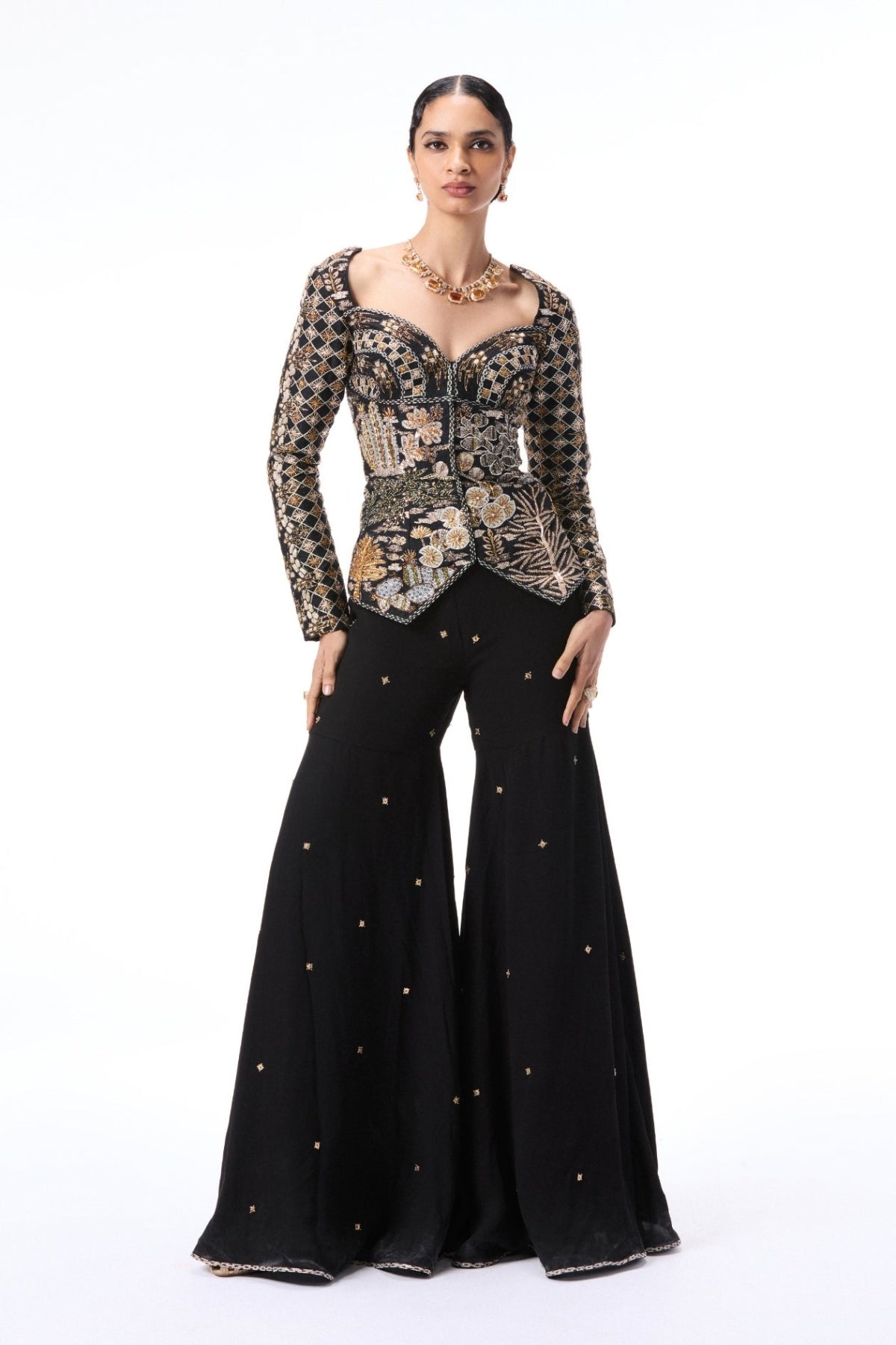 Moonlush - Black raw silk & double georgette gharara