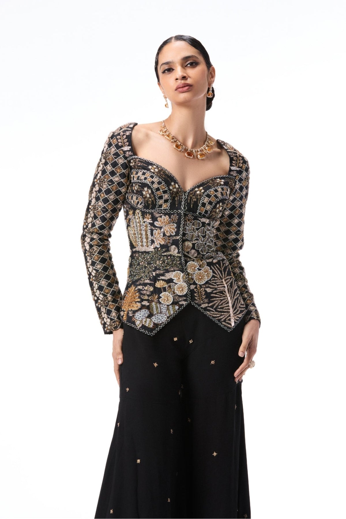 Moonlush - Black raw silk & double georgette gharara