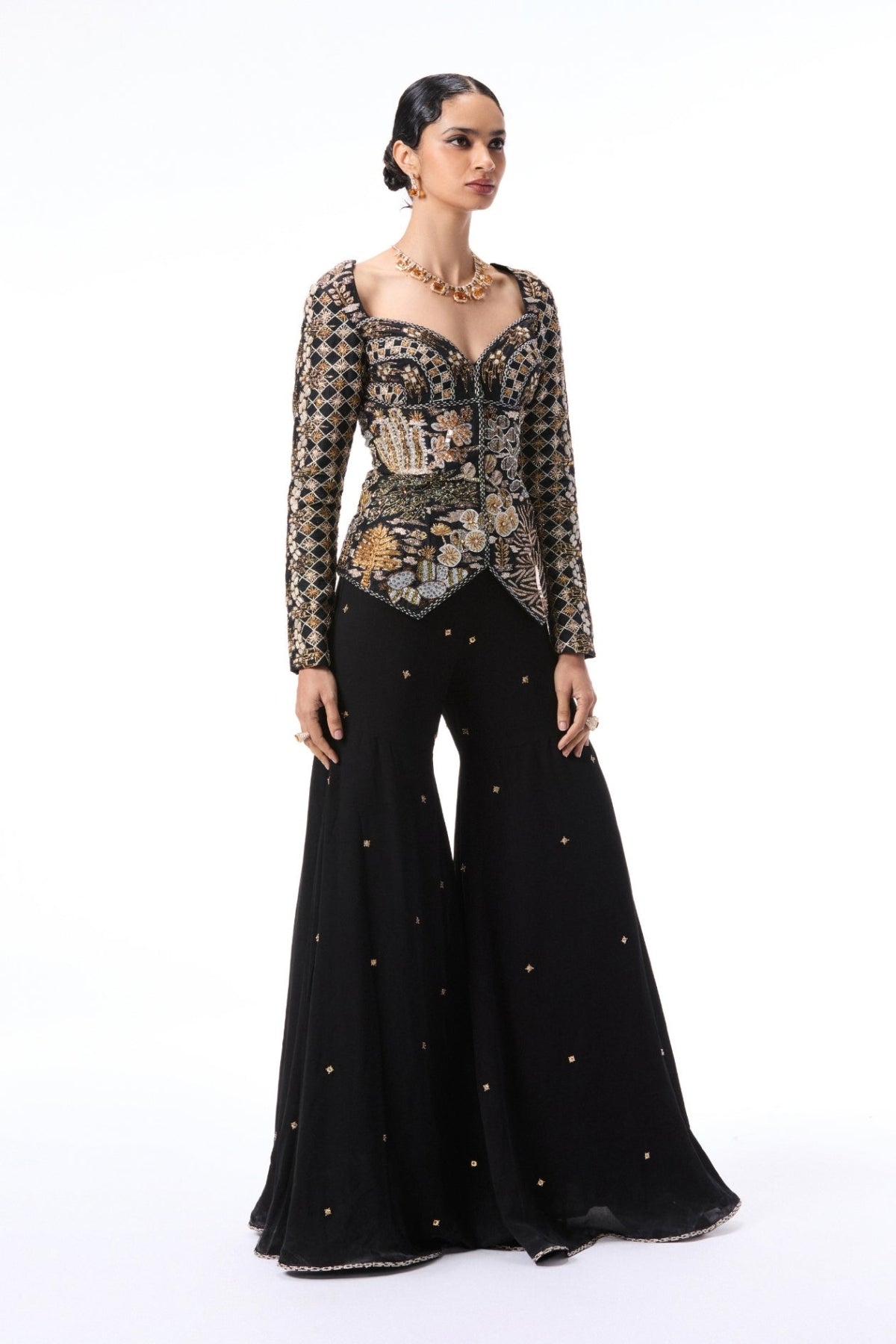 Moonlush - Black raw silk & double georgette gharara