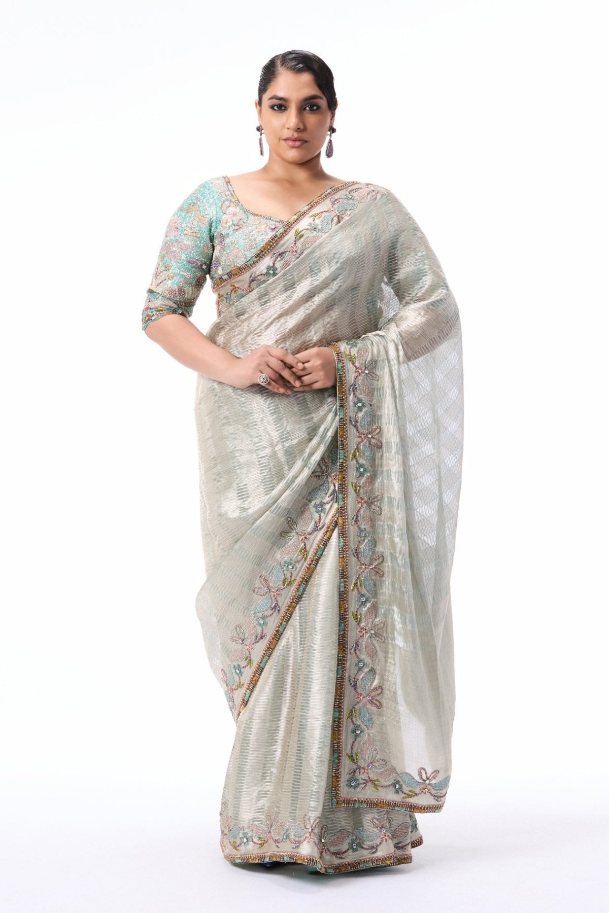 Joybloom - silver Banarasi tissue brocade saree