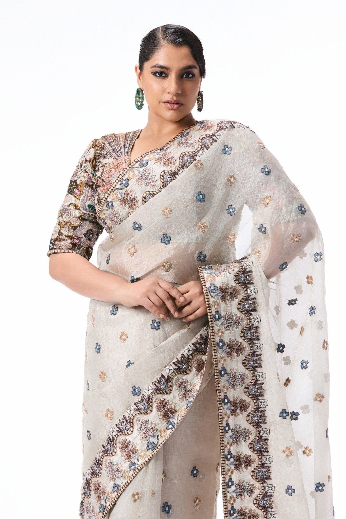 Petalstorm - silver Banarasi tissue brocade saree