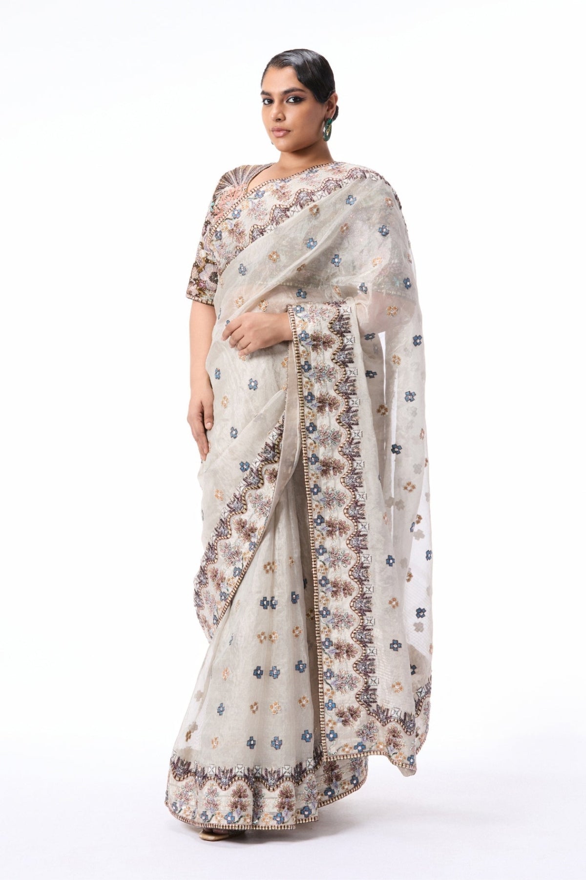 Petalstorm - silver Banarasi tissue brocade saree