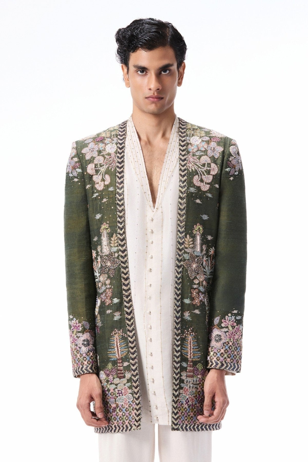 Cypres - lush green raw silk open jacket