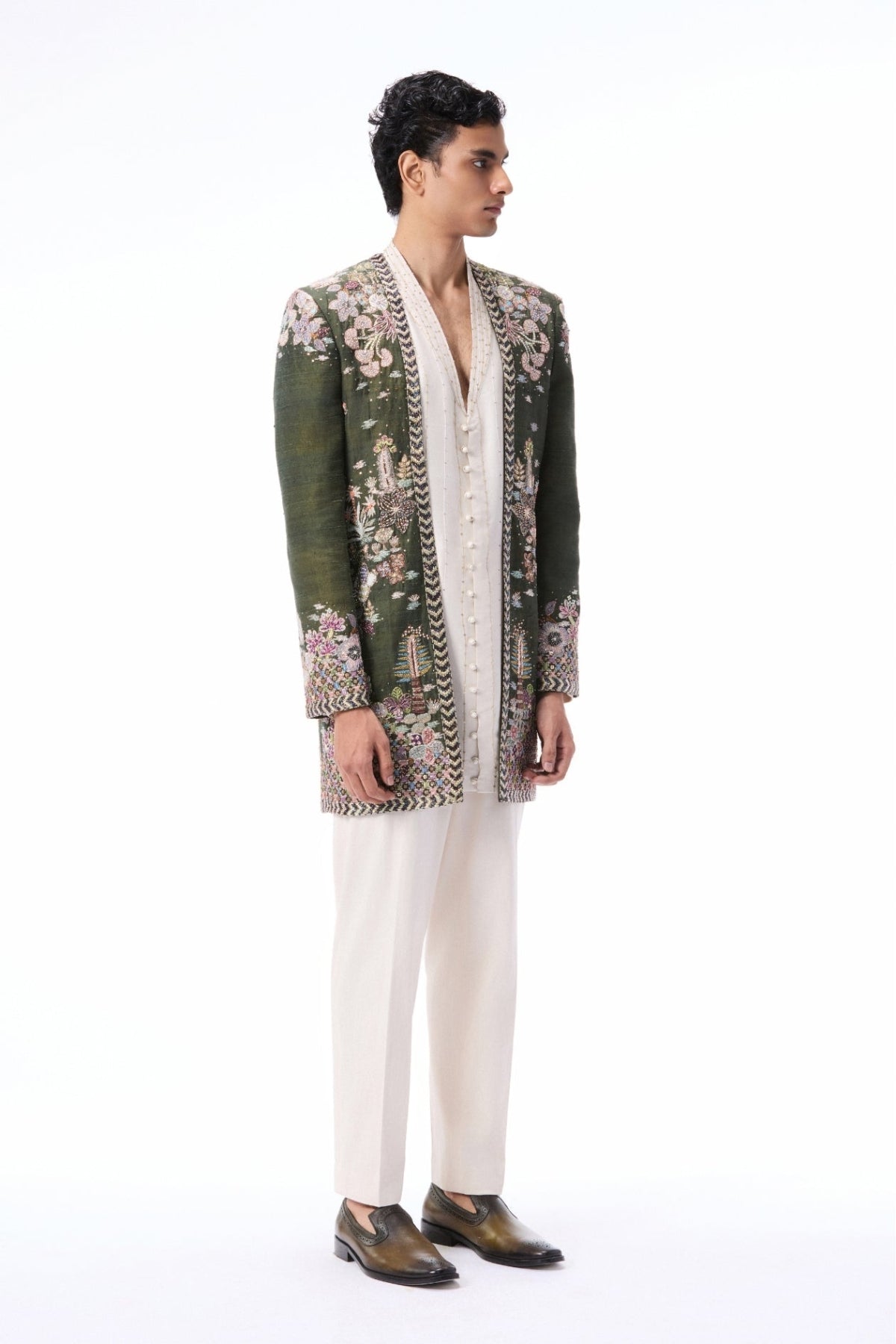 Cypres - lush green raw silk open jacket