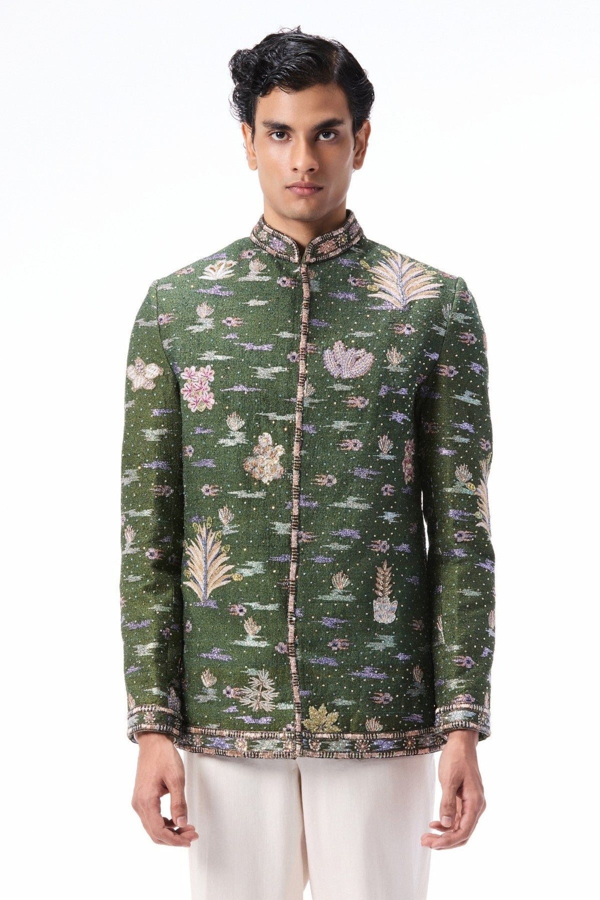 Thornkiss - lush green raw silk bandhgala