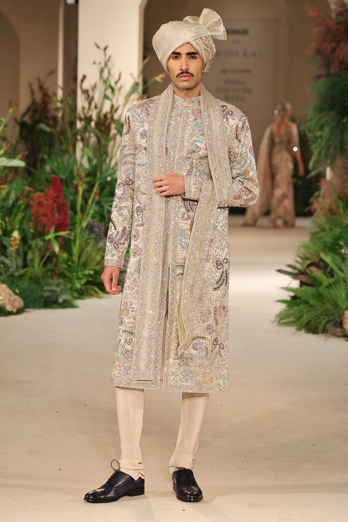 Dovelight - sandstone Banarasi Tissue Brocade sherwani