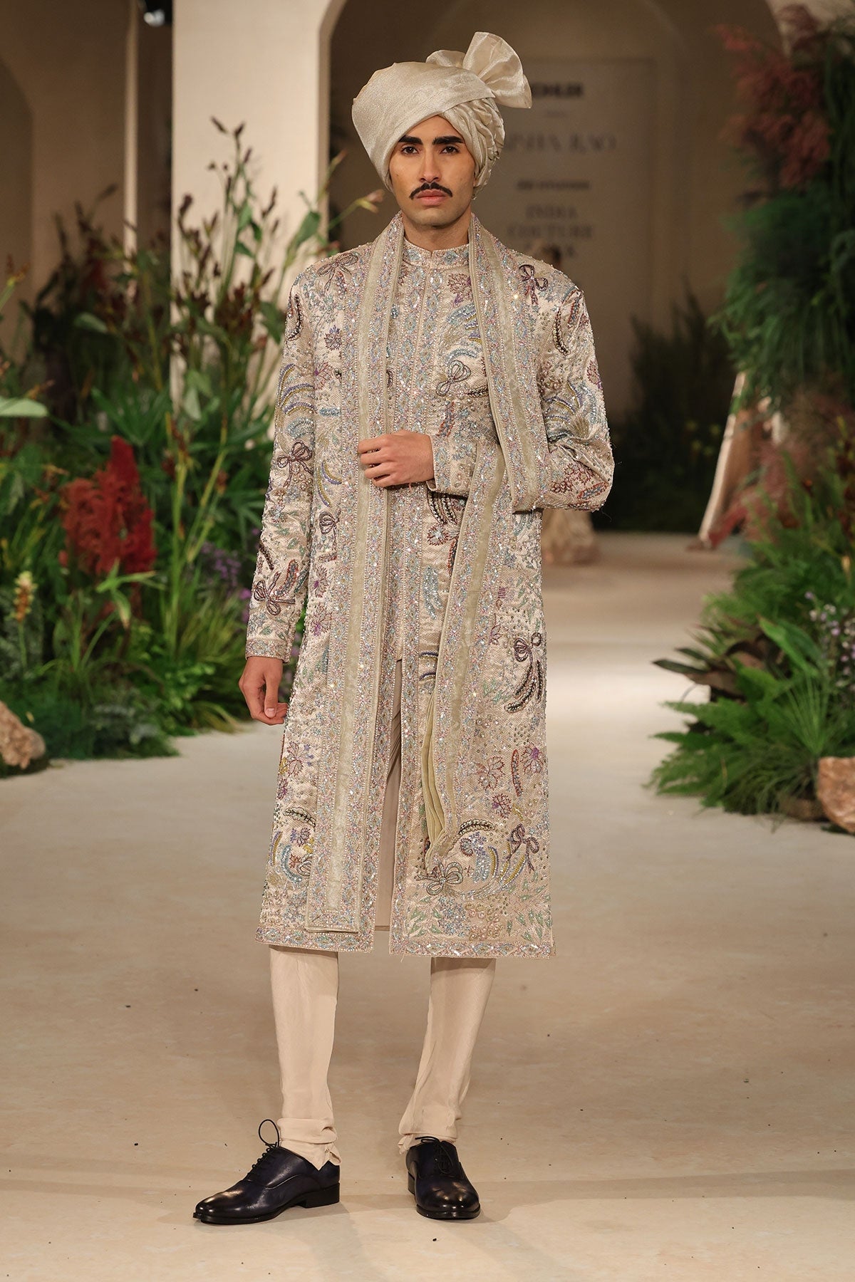 Dovelight - sandstone Banarasi Tissue Brocade sherwani
