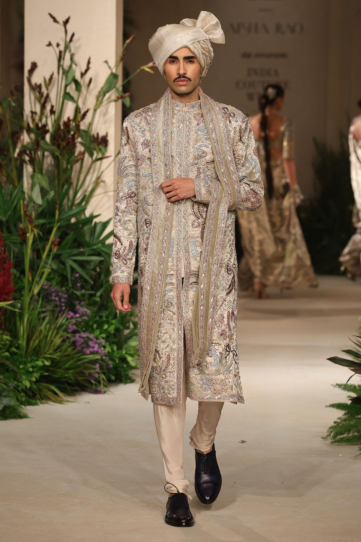 Dovelight - sandstone Banarasi Tissue Brocade sherwani