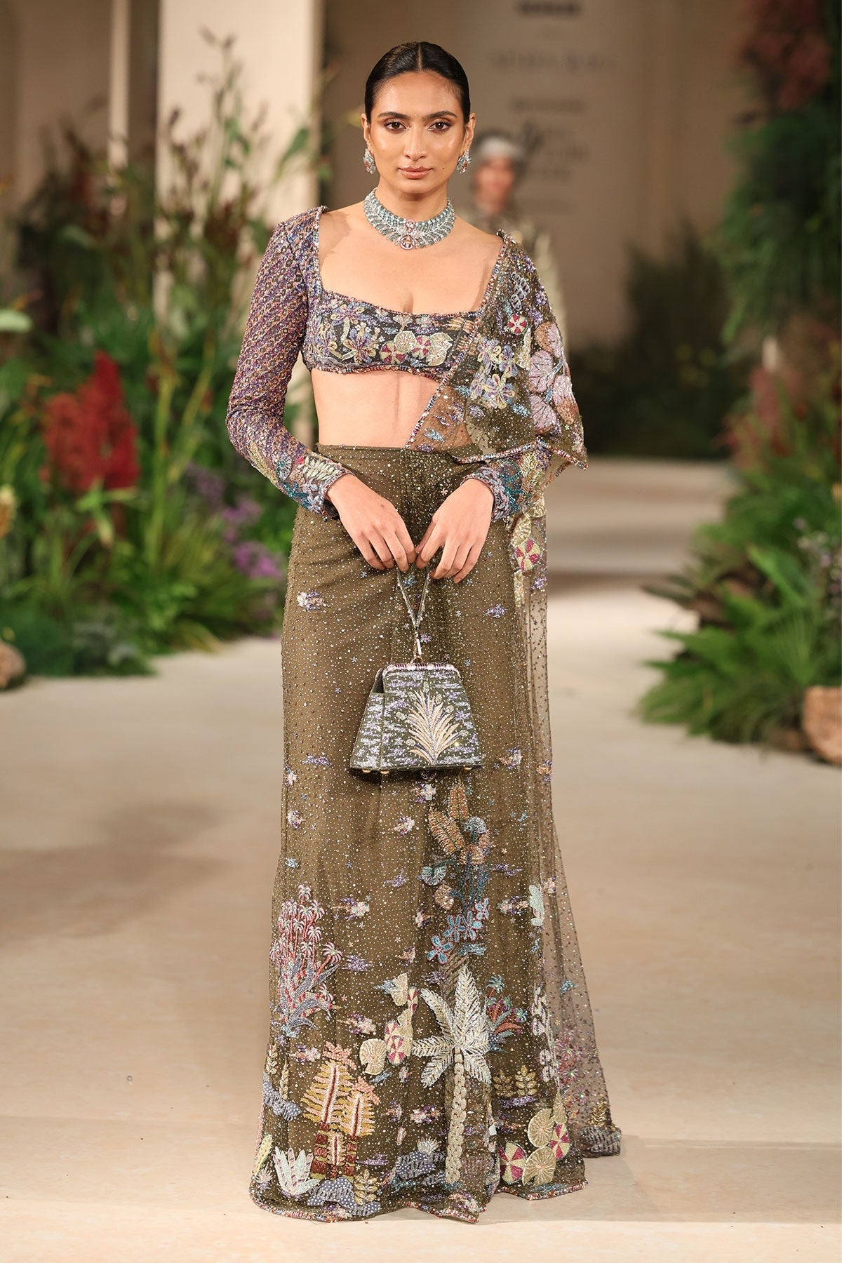 Bloomveil - Lush green gunmetal shimmer tulle drape saree