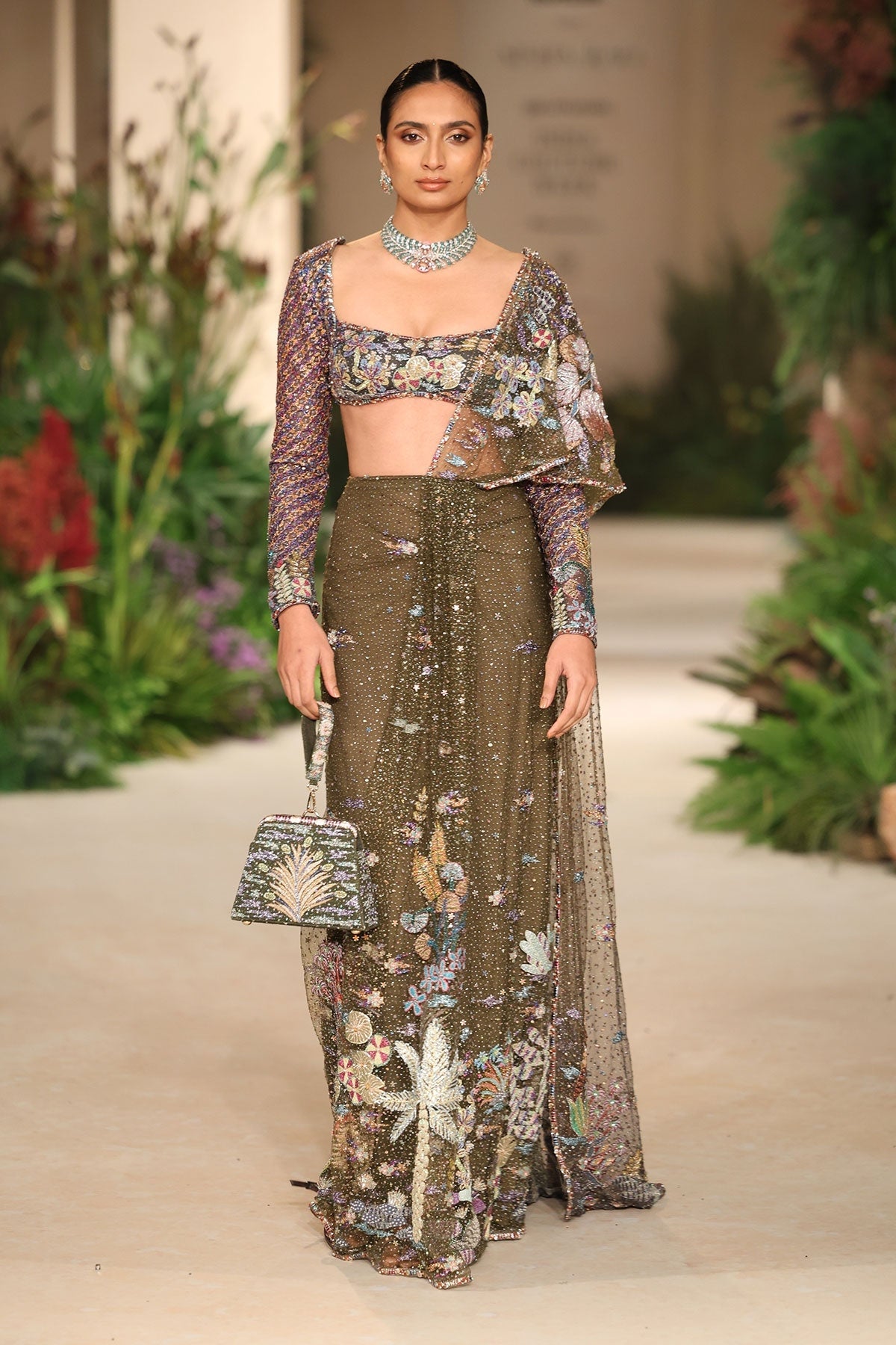 Bloomveil - Lush green gunmetal shimmer tulle drape saree