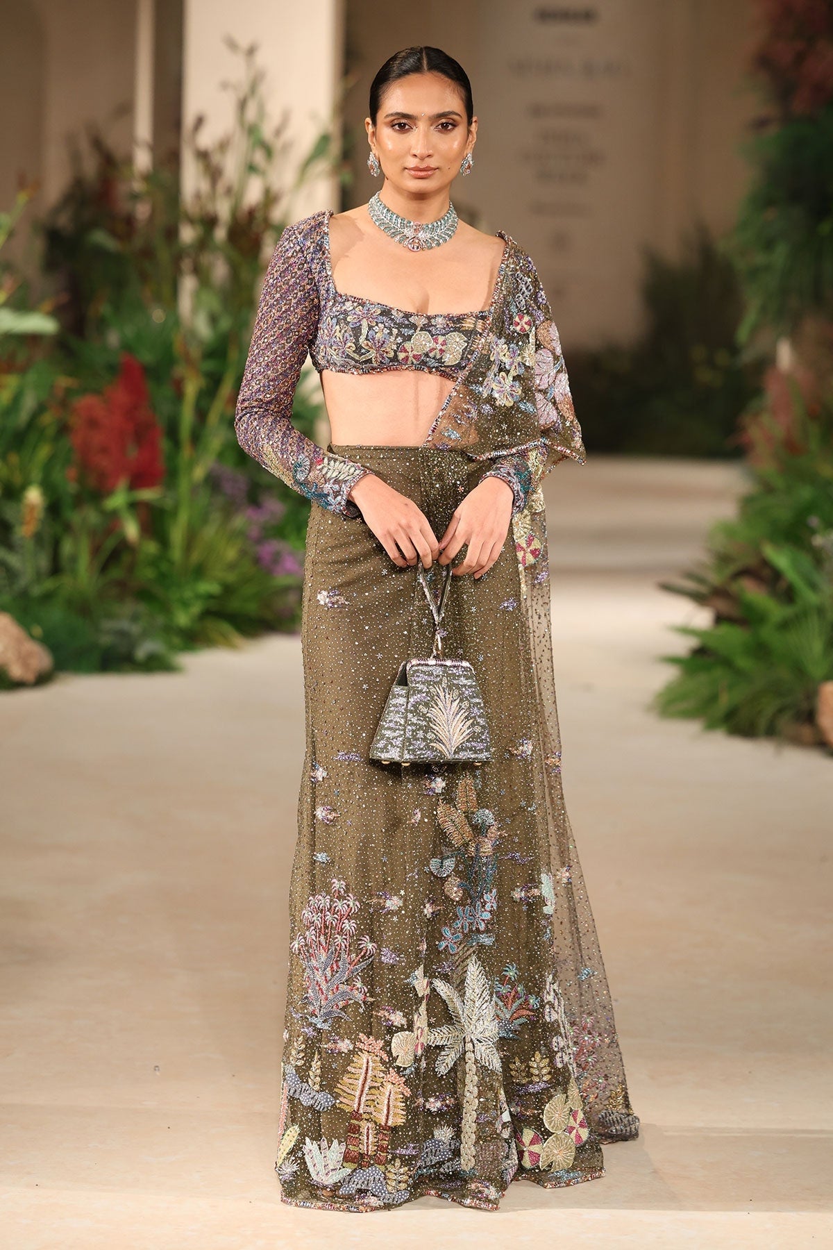 Bloomveil - Lush green gunmetal shimmer tulle drape saree