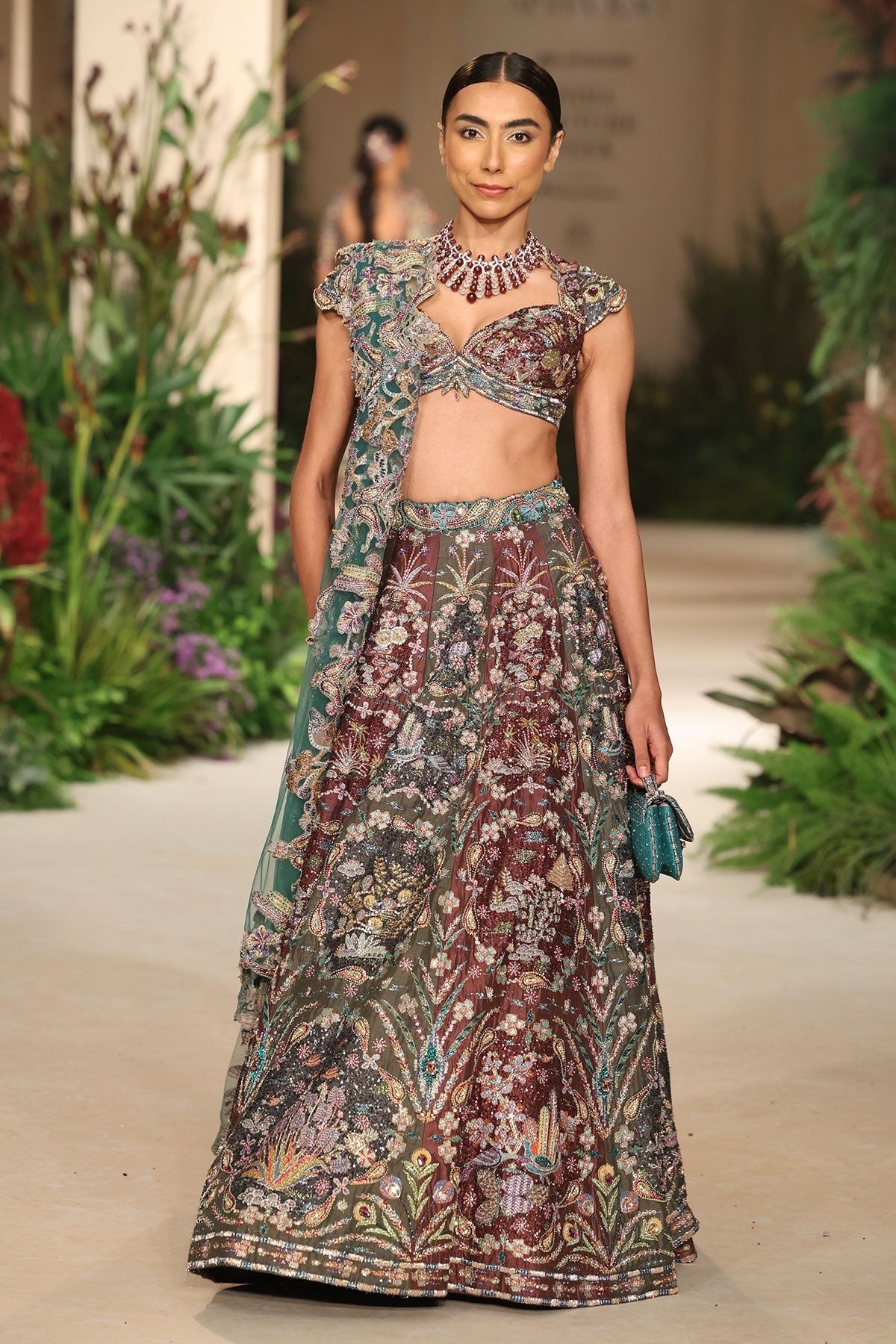 Heartvale - Teakberry gunmetal raw silk Lehenga
