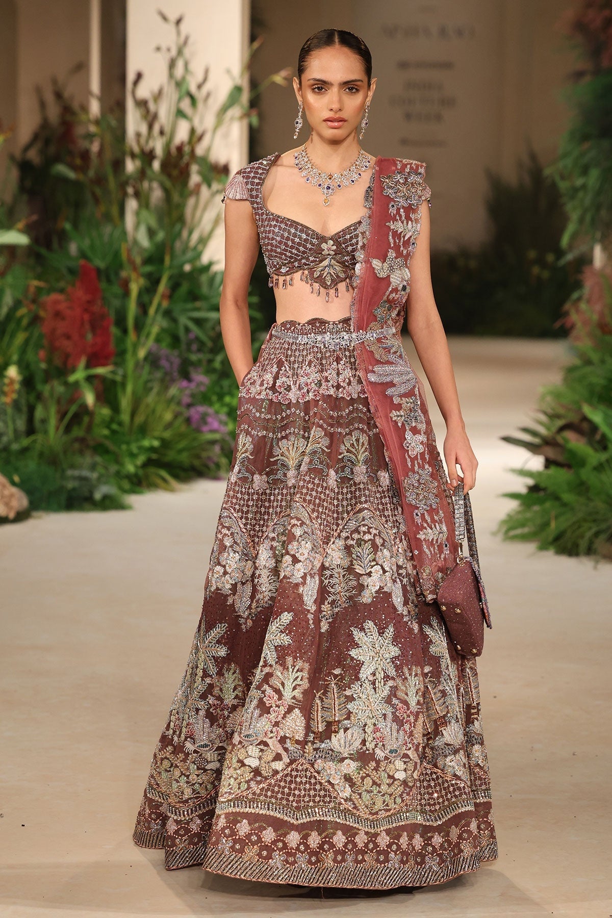 Radiance - teakberry tulle Lehenga