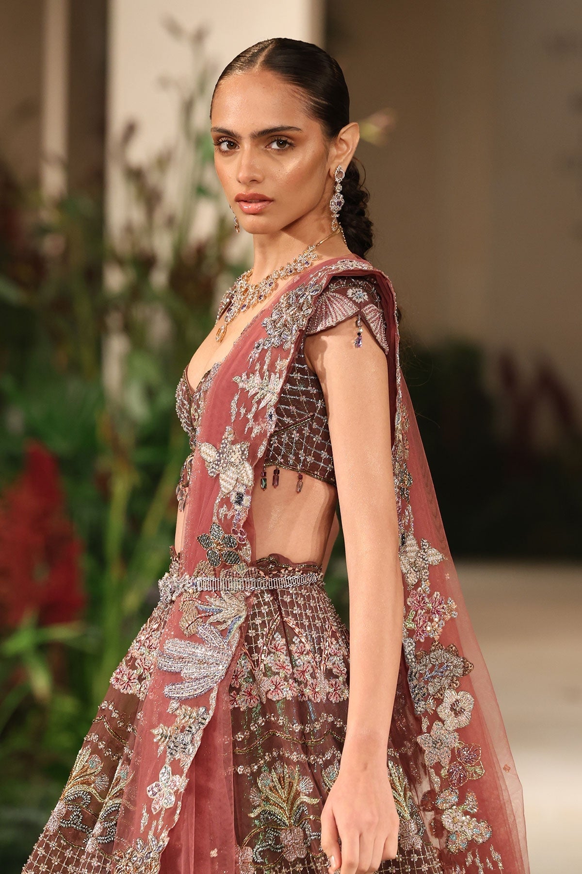 Radiance - teakberry tulle Lehenga