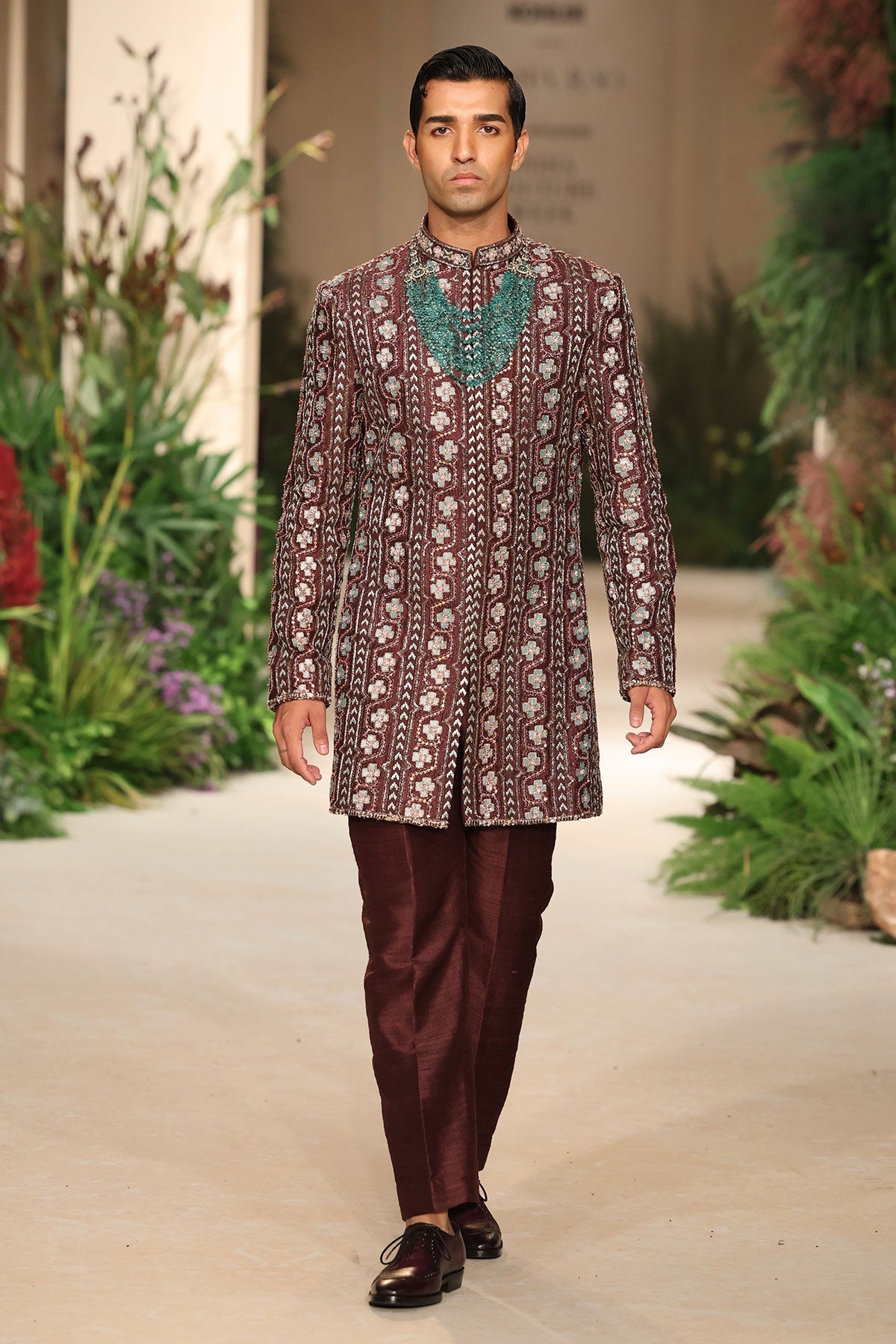 Aurashine - teakberry raw silk sherwani