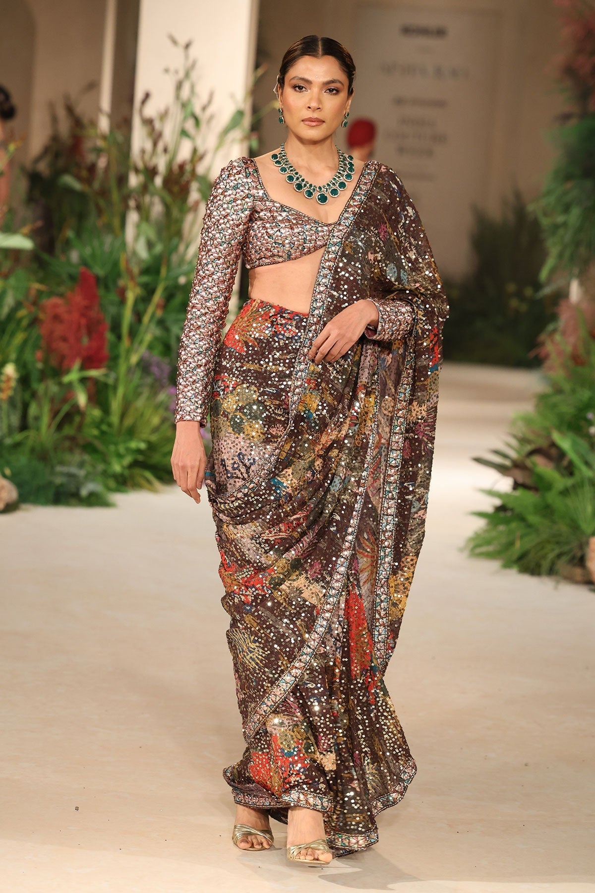 Meadowlight - teakberry sequin georgette draped saree