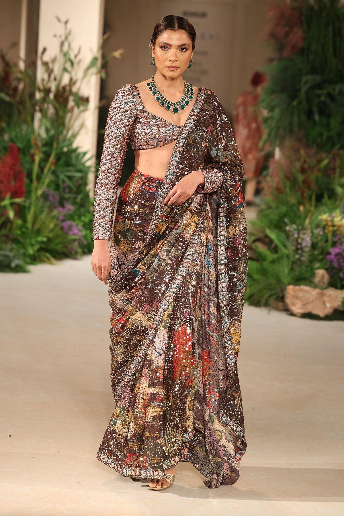 Meadowlight - teakberry sequin georgette draped saree