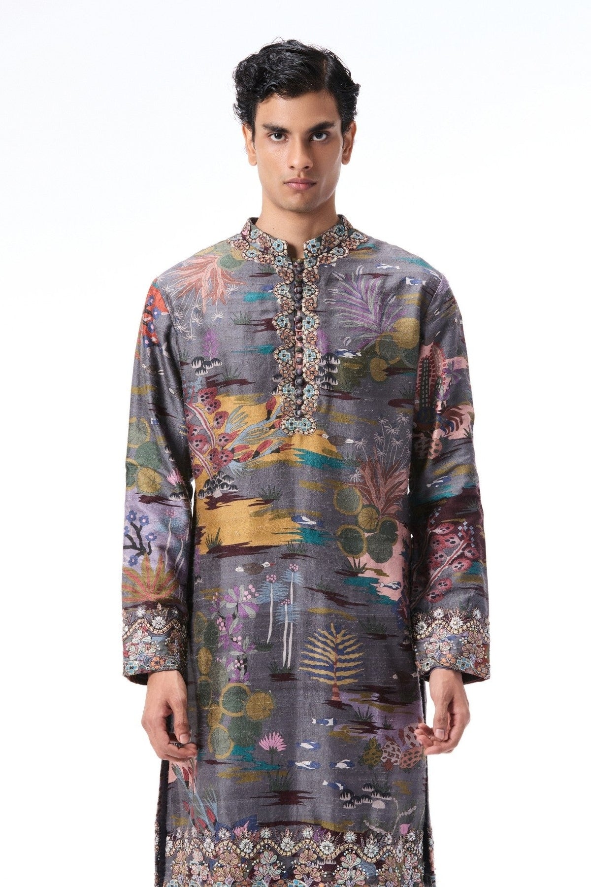 Starlure - gunmetal printed raw silk kurta