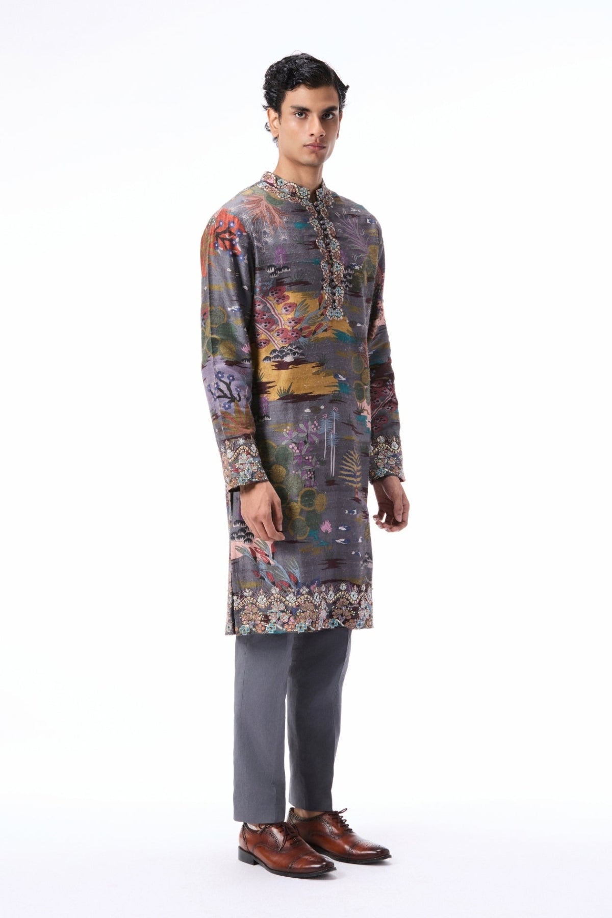 Starlure - gunmetal printed raw silk kurta