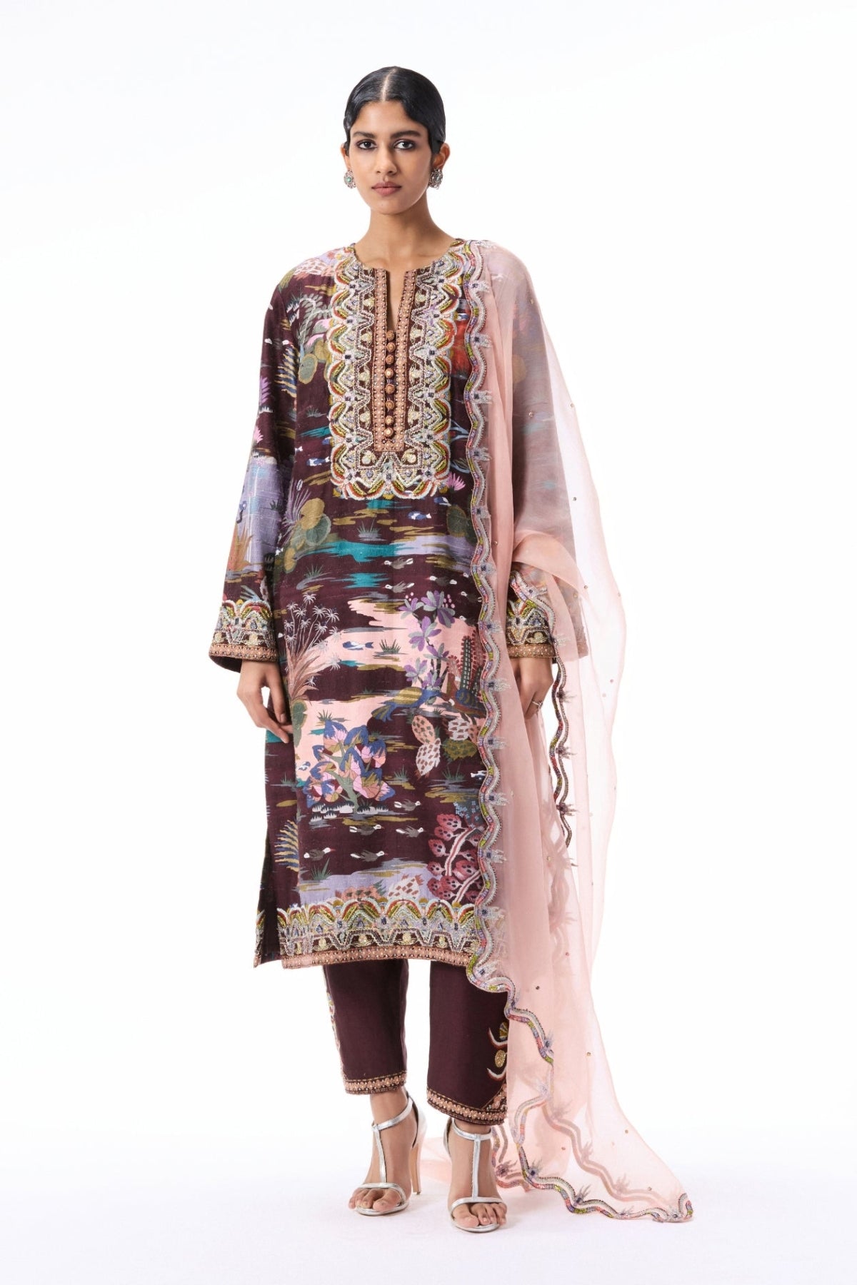 Roselure - teakberry printed raw silk kurta