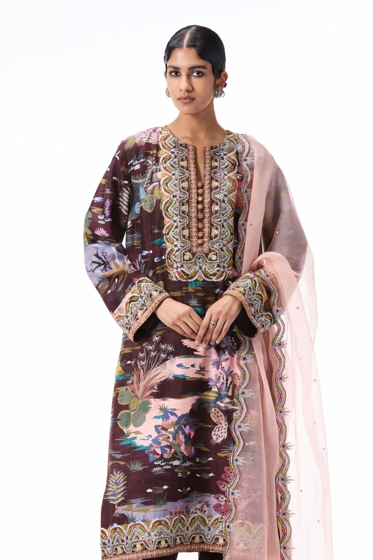 Roselure - teakberry printed raw silk kurta