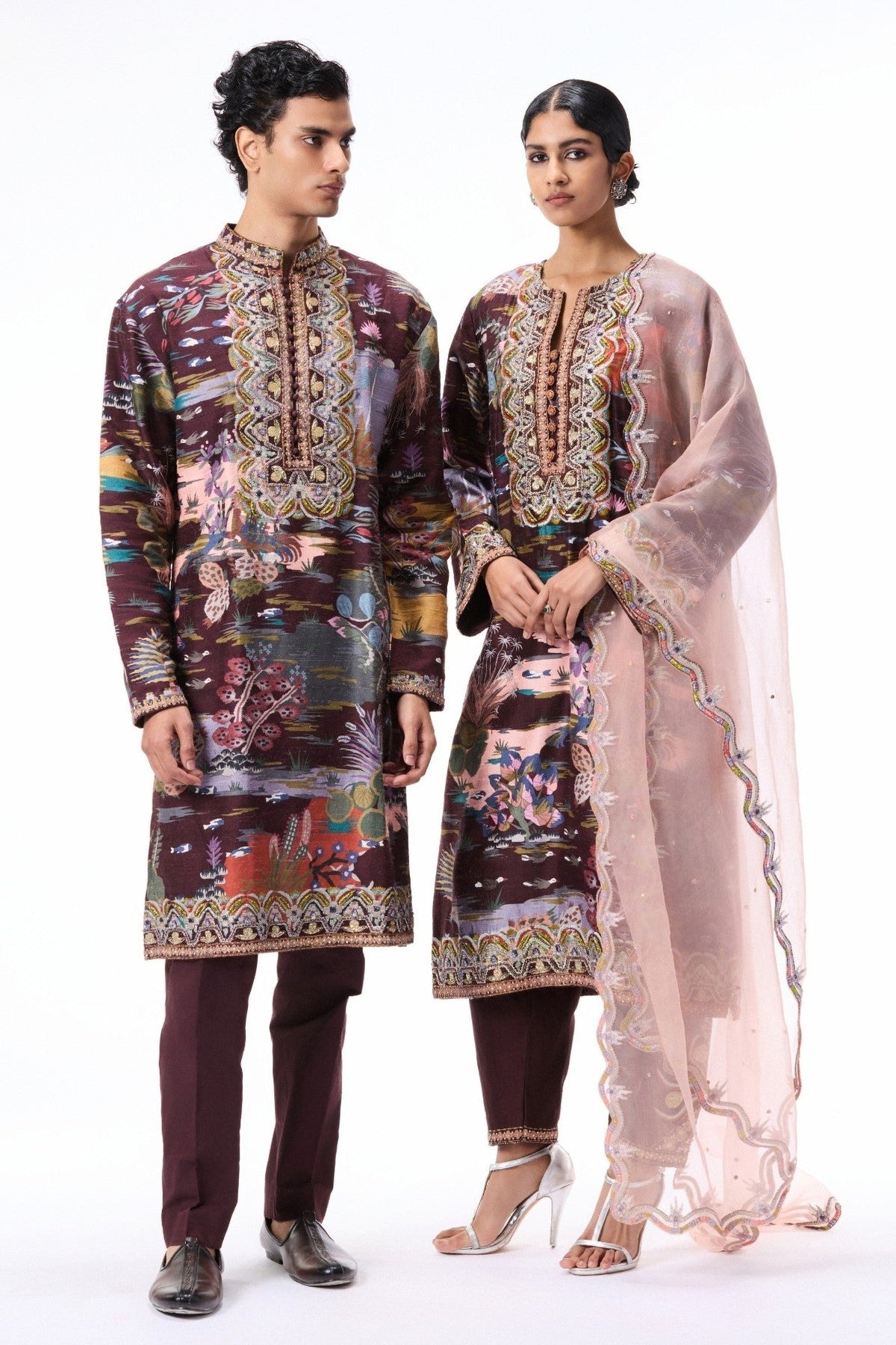 Roselure - teakberry printed raw silk kurta