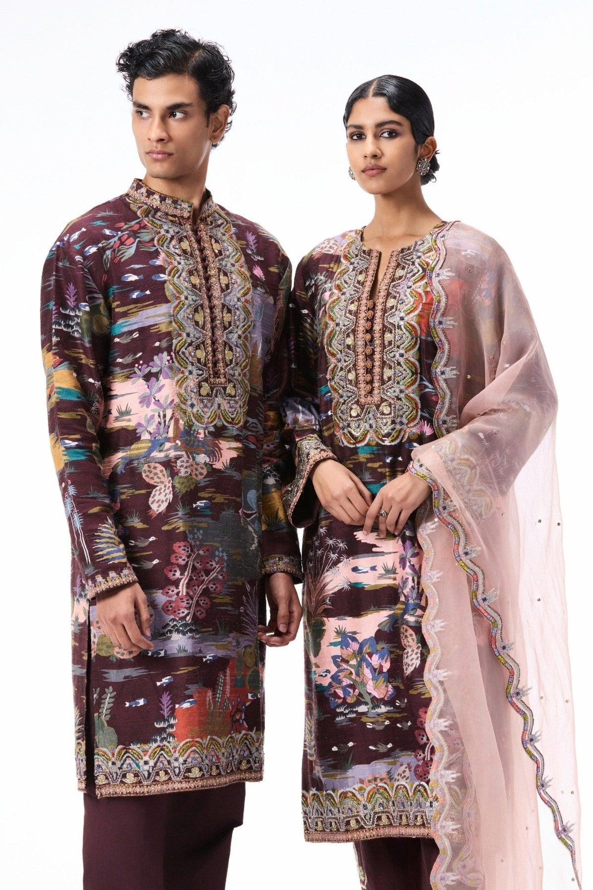 Roselure - teakberry printed raw silk kurta