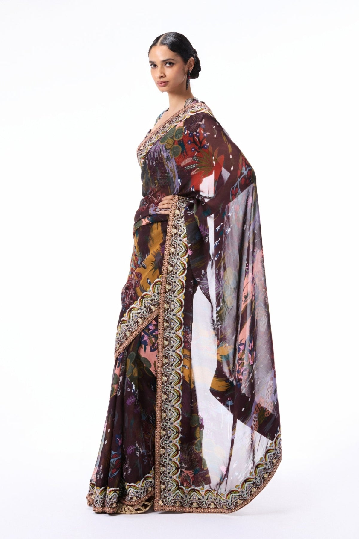 Moonveil - teakberry printed viscose organza saree