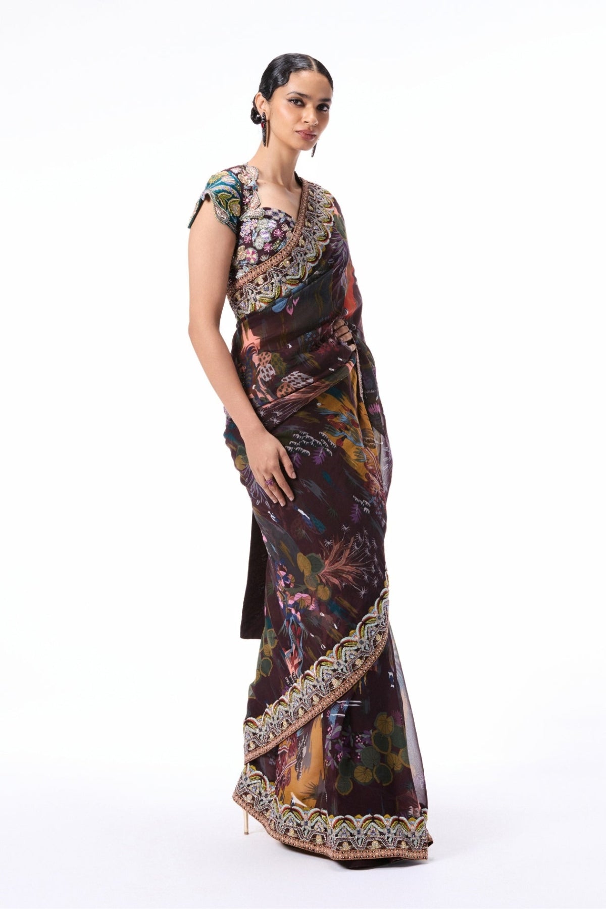 Moonveil - teakberry printed viscose organza saree